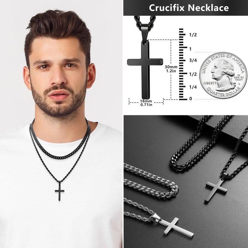 Romass 4Pcs Cross Necklace for Men,Stainless Steel Chains for Men Layered Necklaces Silver Gold Black Pendant Jewelry Box Gifts 18-24 Inches (4Pcs 20in/22in, Silver+Black) - Image 5