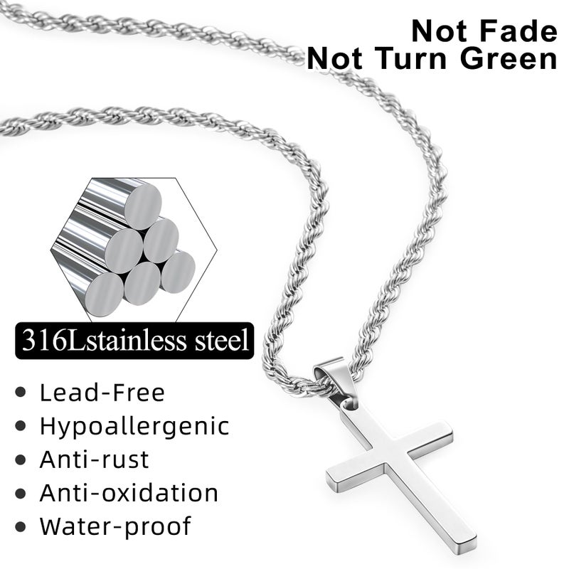 Romass 4Pcs Cross Necklace for Men,Stainless Steel Chains for Men Layered Necklaces Silver Gold Black Pendant Jewelry Box Gifts 18-24 Inches (4Pcs 20in/22in, Silver+Black) - Image 3