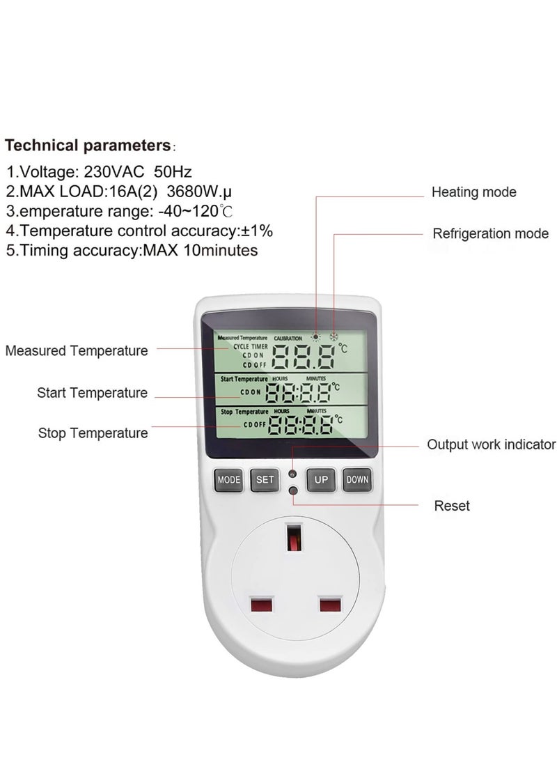 SYOSI Digital Thermostat Temperature Controller Socket Outlet 230V 16A Timer Switch Plug with 1.7m Sensor Heating Refrigerator Thermostat Regulator for Greenhouse Reptile Terrarium Home - Image 4