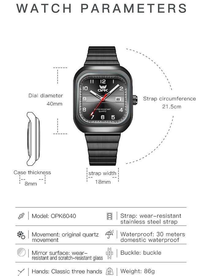 Opk Brand Watch, Stylish Business Exquisite Quartz Watch, Waterproof Single Calendar, Men'S Watch - 6040 Black Steel, Black Dial. - Image 3