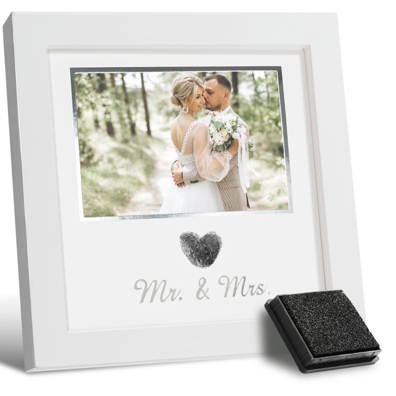SEEBERY Heart Thumbprint Wedding Picture Frame with Ink Kit, Engagement Gifts for Couples Keepsake Wedding Registry Search Personalized Bridal Shower Gifts for Mr And Mrs Newlywed (White) - Image 1