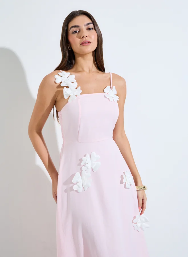 Styli Pink 3D Floral Applique A-Line Maxi Dress