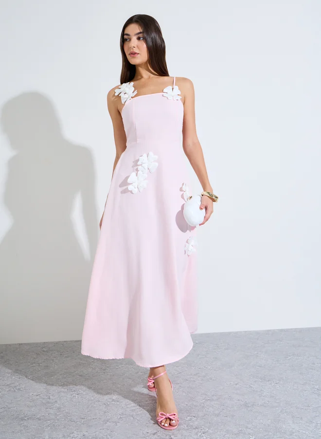 Styli Pink 3D Floral Applique A-Line Maxi Dress