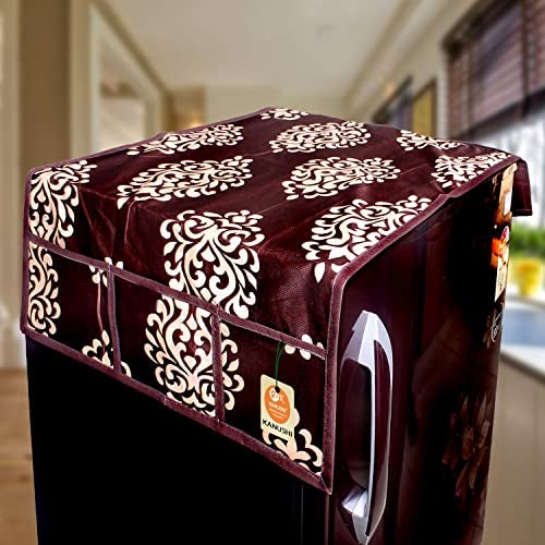 KANUSHI Industries® 1Pc Fridge Cover for Top with 6 Utility Pockets + 2 Handles Covers + 3 Fridge Mats (FRI-Brown-Floral+2-Handle+M-11) - Image 2