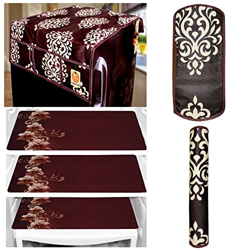 KANUSHI Industries® 1Pc Fridge Cover for Top with 6 Utility Pockets + 2 Handles Covers + 3 Fridge Mats (FRI-Brown-Floral+2-Handle+M-11) - Image 1