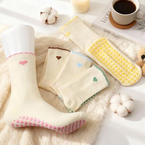 Halfchet 5 Pairs Women Pilates Grippy Socks Cute Non-slip Yoga Crew Socks Ruffle Grip Sock for Barre Fitness Hospital Workout(Heart) - Image 3
