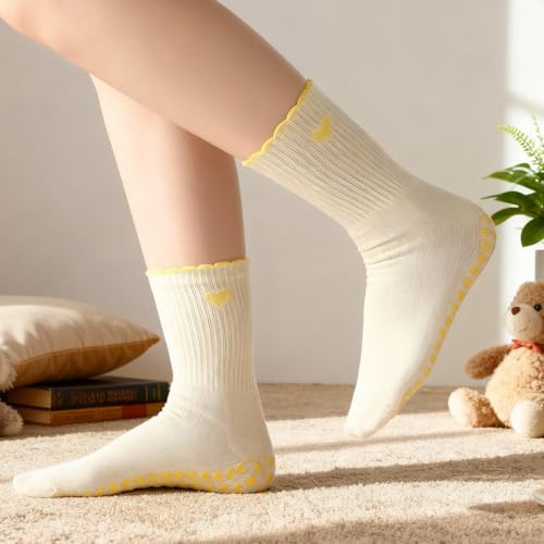 Halfchet 5 Pairs Women Pilates Grippy Socks Cute Non-slip Yoga Crew Socks Ruffle Grip Sock for Barre Fitness Hospital Workout(Heart) - Image 4