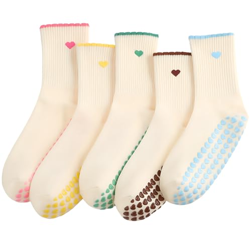 Halfchet 5 Pairs Women Pilates Grippy Socks Cute Non-slip Yoga Crew Socks Ruffle Grip Sock for Barre Fitness Hospital Workout(Heart) - Image 1