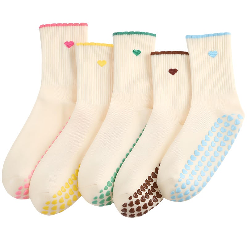 Halfchet 5 Pairs Women Pilates Grippy Socks Cute Non-slip Yoga Crew Socks Ruffle Grip Sock for Barre Fitness Hospital Workout(Heart) - Image 5