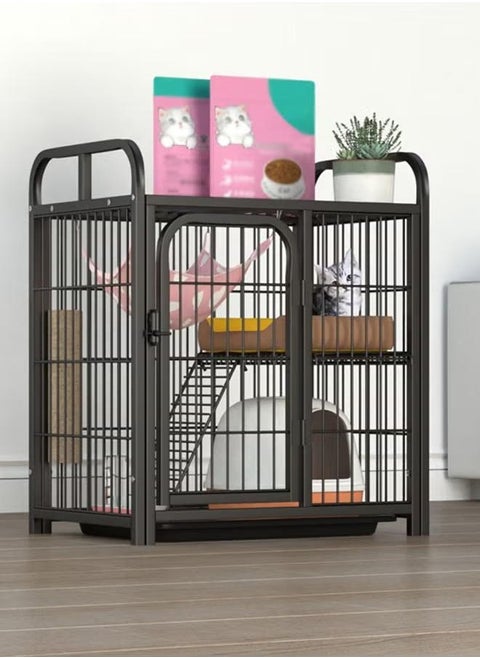 2-Tier Cat Cage Small And Medium Pet Playpen Crate Kennel, Square Tube Reinforcement, with Tray, Reinforced Lock, No Litter Box, Black
