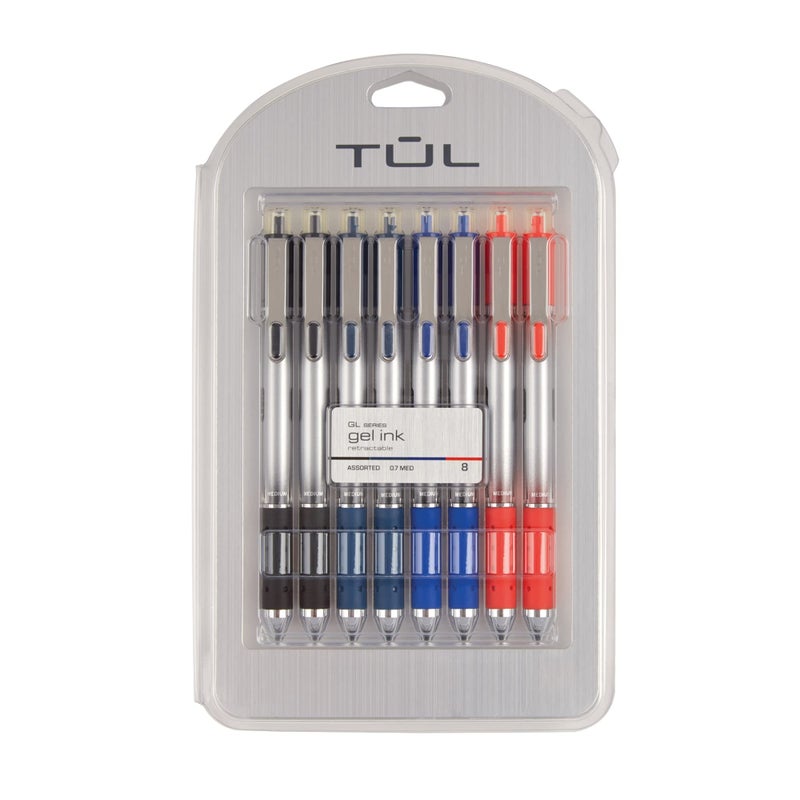 TUL Retractable Gel Pens, Bullet Point, 0.7 mm, Gray Barrel, Assorted Standard Ink Colors, Pack Of 8 - Image 1