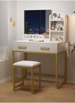 SKY-TOUCH Vanity Desk Chair Set with Mirror : Makeup Table with Stool Dressing Table with Storage Drawer Shelves Vanity Table with Lots Storage for Bedroom