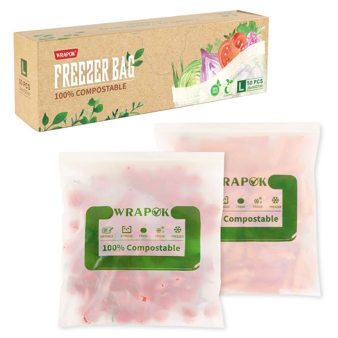 100 COMPOSTABLE FREEZER ZIPLOCK BAGS LARGE BIODEGRADABLE FOOD STORAGE BAG FOR VEGETABLES FRUITS MEATS 50 COUNT