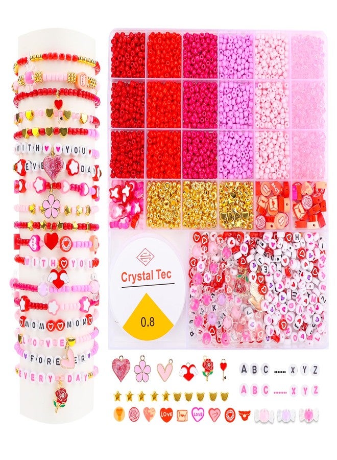 HSONAIGEE Valentine’s Day Beads Bracelet Making Kit, Pink Beads Glasses Seed Bead, Polymer Clay Bead Heart Bead Charms for Jewelry Necklace Earring Making DIY Crafts - Image 1