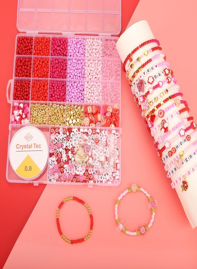 HSONAIGEE Valentine’s Day Beads Bracelet Making Kit, Pink Beads Glasses Seed Bead, Polymer Clay Bead Heart Bead Charms for Jewelry Necklace Earring Making DIY Crafts - Image 2