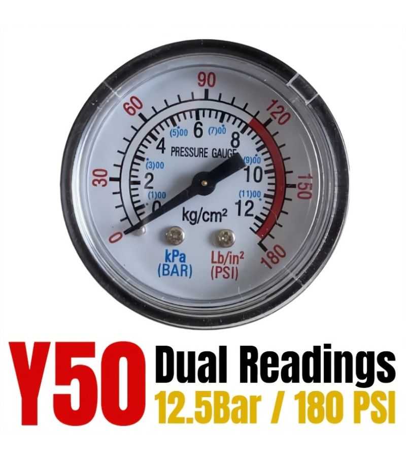 مقياس ضغط الهواء البلاستيكي بخيط G1/4، فتحة مقاس 13 مم (0.51 بوصة)، قراءات مزدوجة 12.5 بار / 180 رطل لكل بوصة مربعة كحد أقصى، قطر لوحة المقياس 55.8 مم (2.2 بوصة)، مقياس ضغط الهواء للنظام الهوائي المتين مناسب لضاغط الهواء ومضخة الهواء، ملحق أدوات Y50 - Image 5