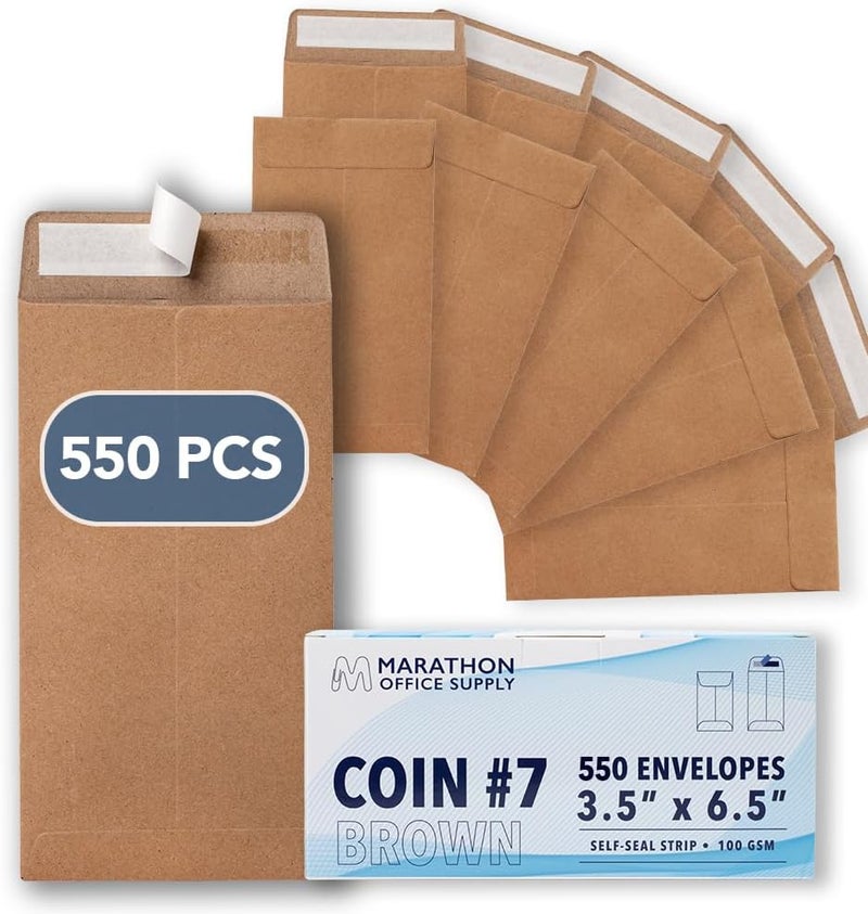 مغلفات عملات MOS كرافت رقم 7 (3.5 × 6.5 بوصة) عبوة 550، مغلفات نقدية بنية ذاتية الإغلاق لميزانية النقود، توفير البذور، الأجزاء الصغيرة، المفاتيح، تحدي التوفير، الإكراميات - Image 1