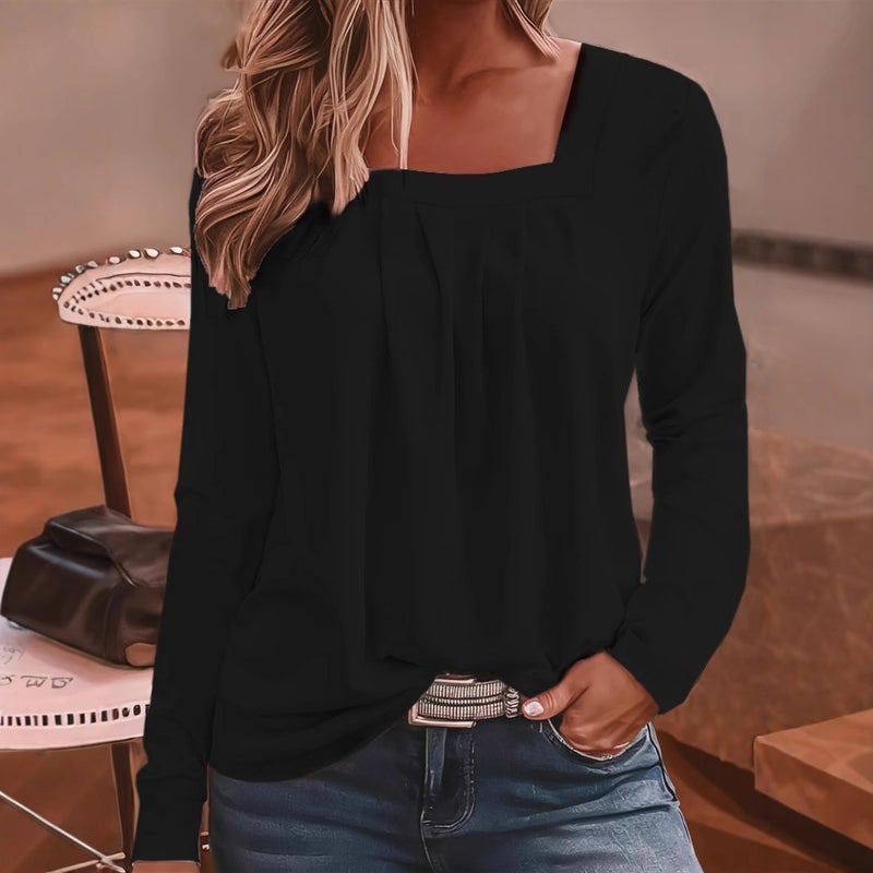Pure Color Square Neck Long-Sleeved Large Size T-Shirt - Image 2