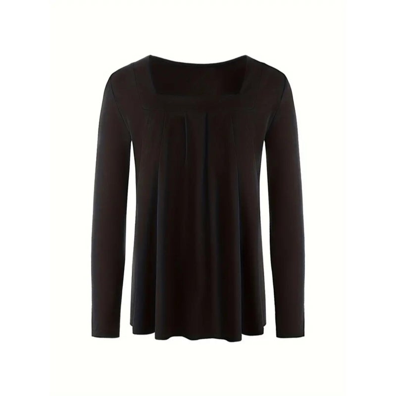 Pure Color Square Neck Long-Sleeved Large Size T-Shirt - Image 5