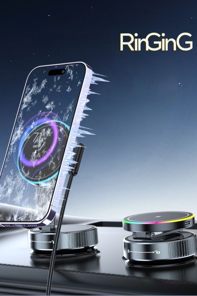 RinGinG ‌Upgraded Vacuum Magnetic Car Phone Mount -Magnetic Wireless Charger (15W Fast Charge)｜Alloy Base｜360° Rotation｜Auto Cooling｜Gentle Breathing Light｜Car/Home/Gym/Studio Use - Image 1