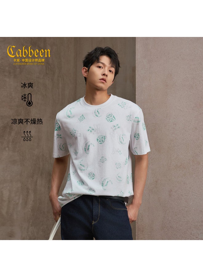 Cabbeen Short Sleeve Men's T-shirt Tang Dynasty Pipa Peony Pattern Design Short Sleeve T-shirt - Image 2