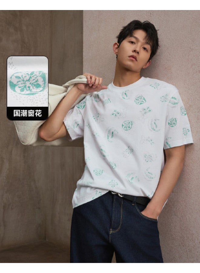 Cabbeen Short Sleeve Men's T-shirt Tang Dynasty Pipa Peony Pattern Design Short Sleeve T-shirt - Image 1