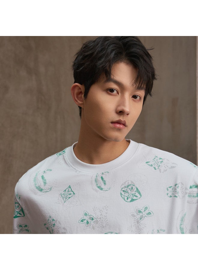 Cabbeen Short Sleeve Men's T-shirt Tang Dynasty Pipa Peony Pattern Design Short Sleeve T-shirt - Image 3