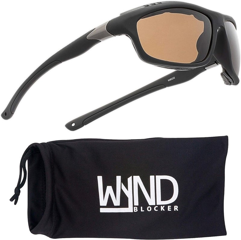 WYND Blocker نظارات أيردام الشمسية لركوب الدراجات النارية، القيادة، الصيد، الإبحار (أسود غير لامع، كهرماني) - Image 1
