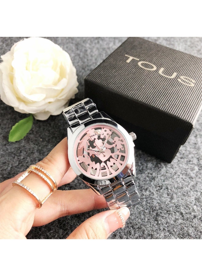 TOUS Tous Bear Pink Openwork Dial Women's Watch - Silver Steel Link Ladies Wristwatch