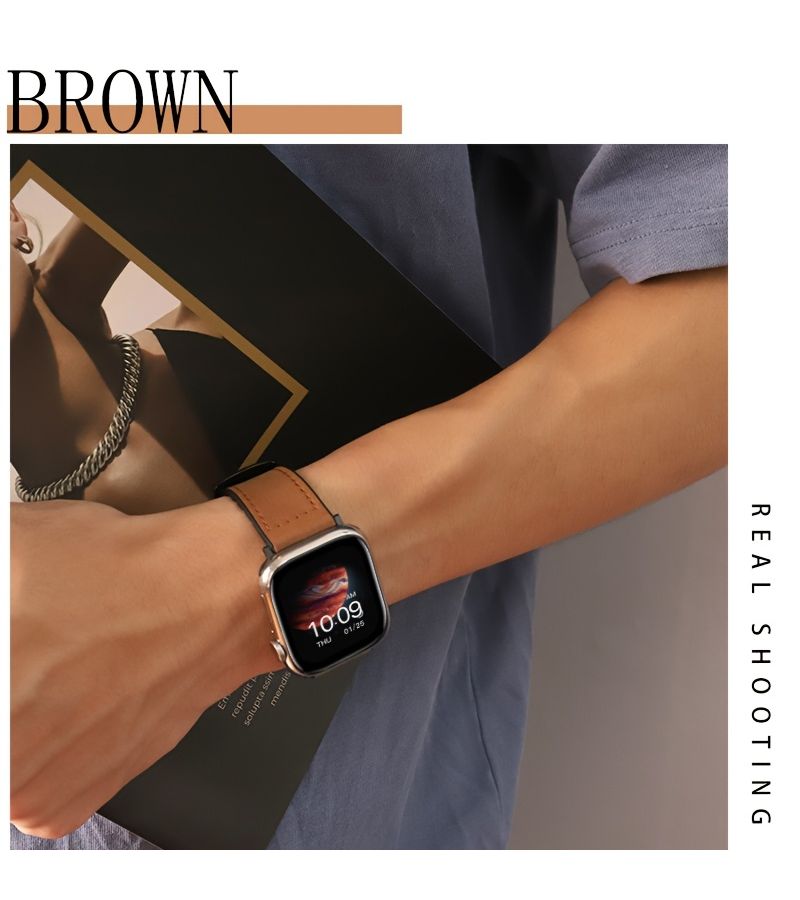 حزام من الجلد البني الفاتح مع السيليكون لساعات Apple Watch S10 S9 S8 S7 S6 S5 - Image 4