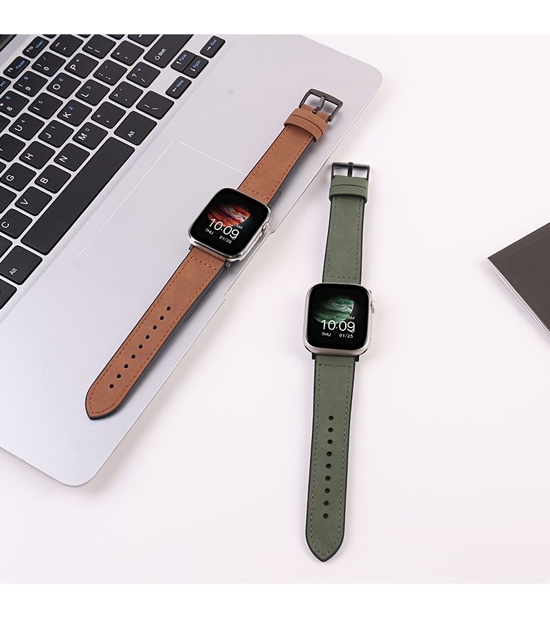 حزام من الجلد البني الفاتح مع السيليكون لساعات Apple Watch S10 S9 S8 S7 S6 S5 - Image 1