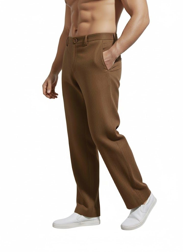 SMOWKLY Casual Trousers for Men |Men’s Regular Fit Straight Pants |Comfortable Stylish Trousers for Men |Soft Fabric Chinos for Everyday Wear, Travel & Office |Linen Cotton Bottom Wear(1692_BRN_32) - Image 1