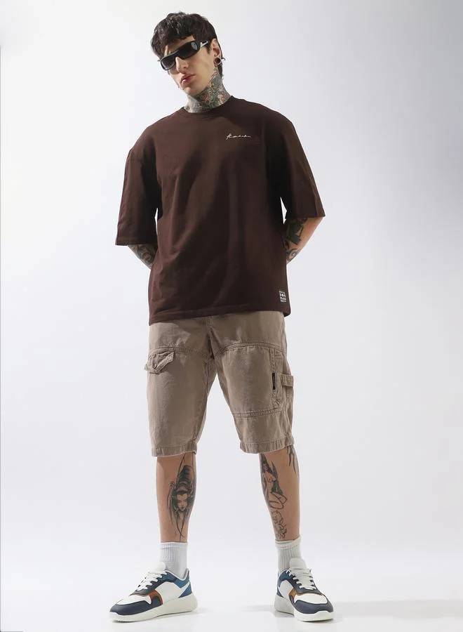 Hubberholme Men's Brown 100% Cotton Solid Pattern Oversized T-Shirt
