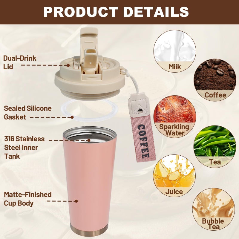 DITOSH Insulated Coffee Tumbler 17.9oz 530ml Travel Coffee Mug 316 Stainless Steel Dual Drink Openings Leakproof Lid Reusable Insulated Coffee Mug Hot and Cold Ideal Travel Mug for Coffee Lover Daily - Image 3