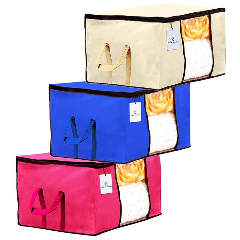 Kuber Industries Rectangular Underbed Organizer Storage Bag Blanket Cover Set of 3 Extra Large Size Ivory Royal Blue Pink CTKTC23841 Standard Practical and Spacious Storage Solution - Image 1