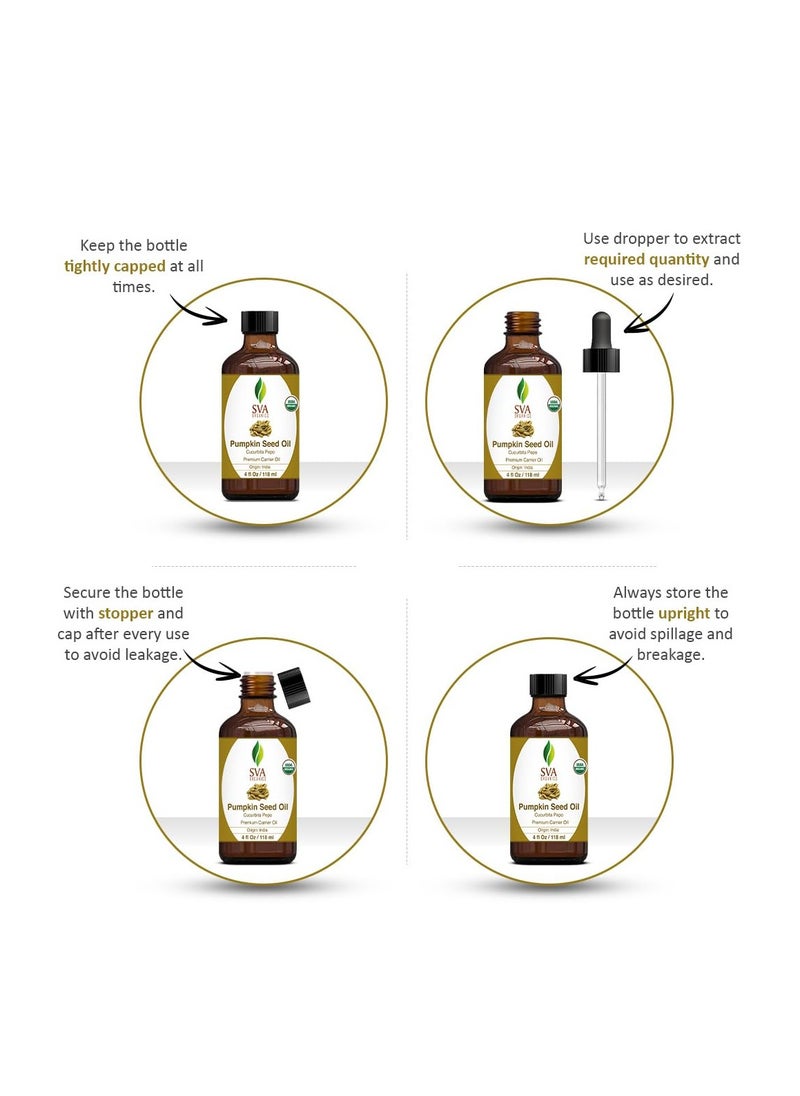 SVA Organics SVA Pumpkin Seed Oil Organic - 4 Fl Oz – 100% Natural Cold Pressed Organic Pumpkin oil - for Face, Skin Care, Hair Care, Scalp Massage & Body Massage – Carrier Oil with Dropper  - Image 5
