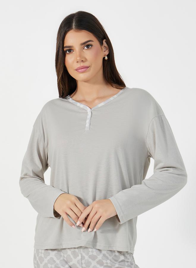 Styli Solid Dropped Shoulder T-Shirt & Printed Pants Pyjama Set - Image 2