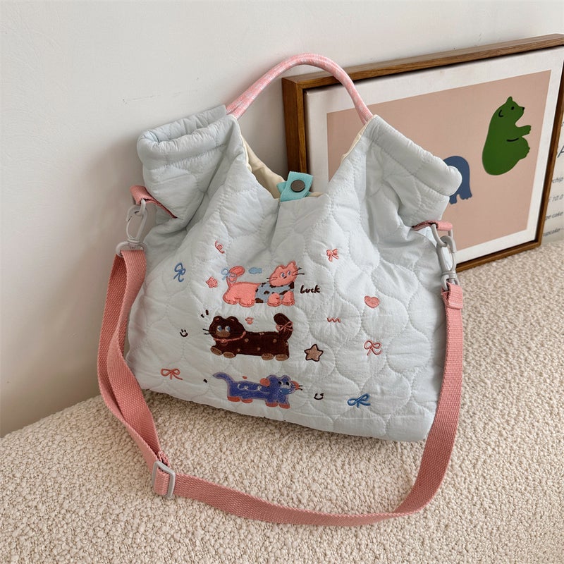 49272 Cartoon Embroidered Soft Cute Crossbody Bag Large Capacity Shoulder Handbag Quilted Cotton Commuter Handbag - Image 1