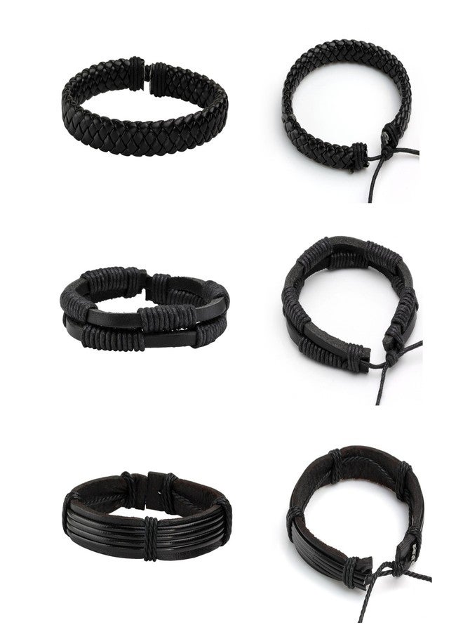 MILAKOO 6 Pcs Black Braided Leather Bracelets for Men Women Cuff Wrap Wristbands - Image 3