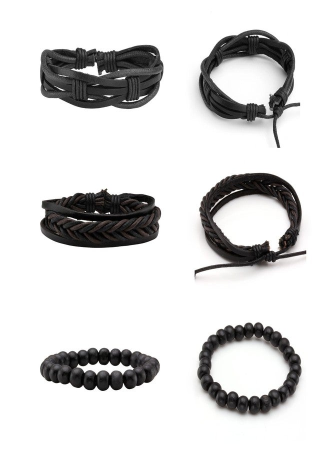 MILAKOO 6 Pcs Black Braided Leather Bracelets for Men Women Cuff Wrap Wristbands - Image 2