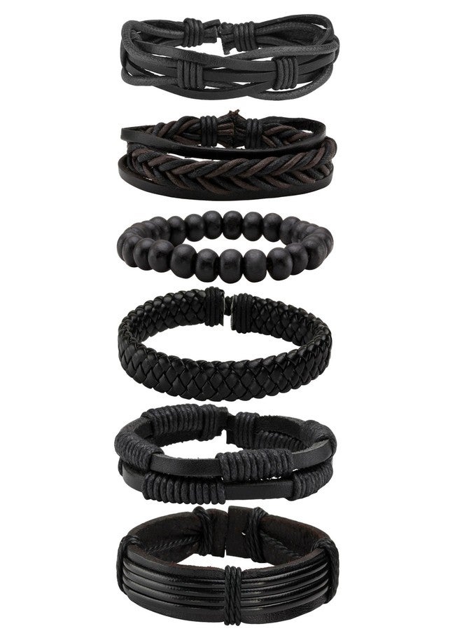 MILAKOO 6 Pcs Black Braided Leather Bracelets for Men Women Cuff Wrap Wristbands - Image 1