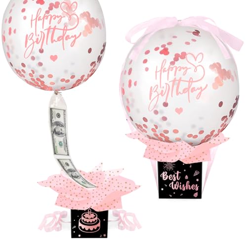 UQM Upgraded Birthday Money Box for Cash Gift Pull Funny Pull Money Balloon Box Happy Birthday Surprise Set Birthday Gifts for Women Men Best Friend Girlfriend Wife Sister Rose Quartz - Image 1