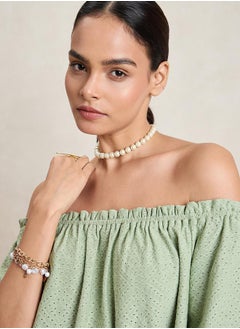 Femmella Knitted Schiffli Off Shoulder Neck Top by Styli  - Image 4