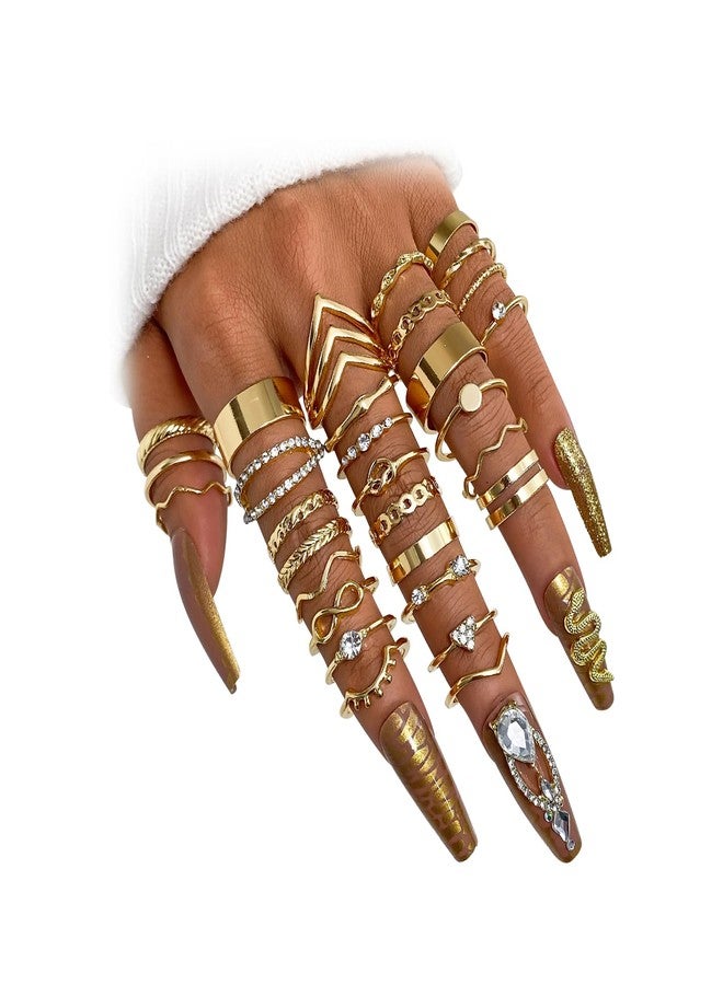 17IF 30 Pcs Gold Vintage Knuckle Ring Set for Women, Boho Crystal Finger Aesthetic Pearl Sparkle Butterfly Chunky Stackable Midi Ring Pack (Boho) - Image 1