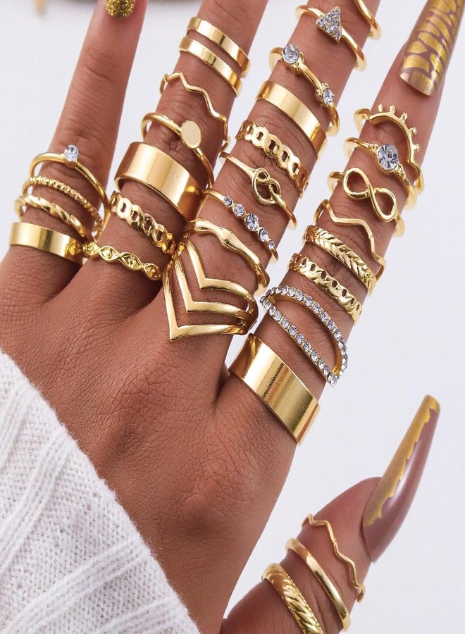 17IF 30 Pcs Gold Vintage Knuckle Ring Set for Women, Boho Crystal Finger Aesthetic Pearl Sparkle Butterfly Chunky Stackable Midi Ring Pack (Boho) - Image 5