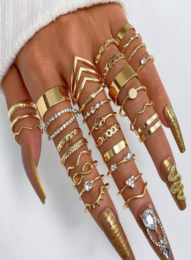 17IF 30 Pcs Gold Vintage Knuckle Ring Set for Women, Boho Crystal Finger Aesthetic Pearl Sparkle Butterfly Chunky Stackable Midi Ring Pack (Boho) - Image 2