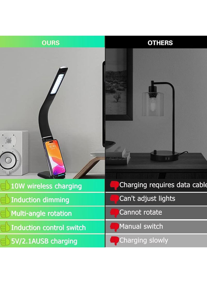 الروهيت - ابجورة طاولة LED مع شاحن لاسلكي سريع وواجهة شحن USB، مصباح طاولة 10 وات مع مفتاح تحكم بالحث، قابس المملكة المتحدة، مصباح مكتب للاستخدام المنزلي والمكتب والدراسة (أسود) - Image 1