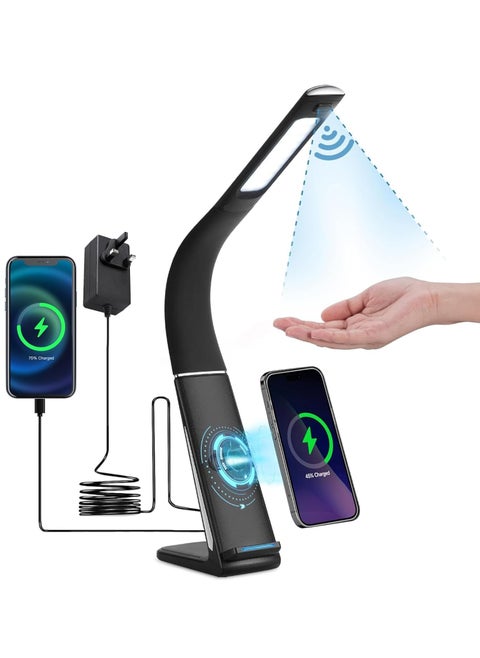 ابجورة طاولة LED مع شاحن لاسلكي سريع وواجهة شحن USB، مصباح طاولة 10 وات مع مفتاح تحكم بالحث، قابس المملكة المتحدة، مصباح مكتب للاستخدام المنزلي والمكتب والدراسة (أسود)