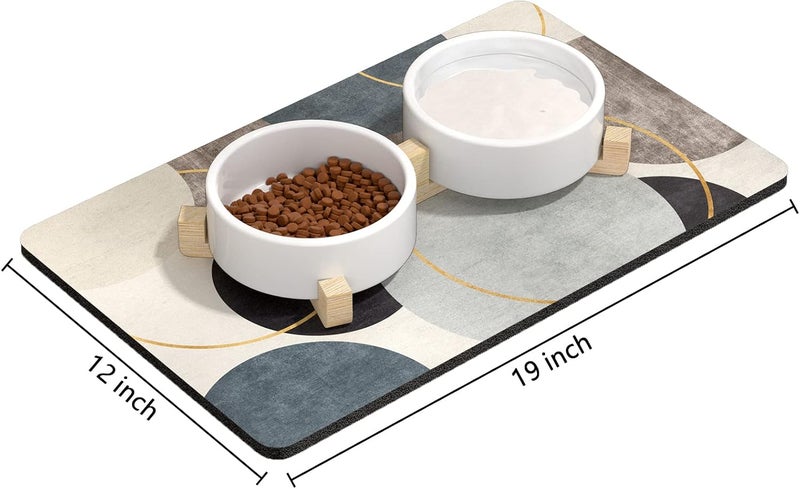 Rnivvi Dog Food Mat, 12" x 19" Boho Absorbent Dog Cat Bowl Mat for Food and Water, Cute Anti-Slip Rubber Pet Feeding Rug Protect Floors, Puppy Placemat for Feeding & Watering Supplies, Abstract Circle - Image 2