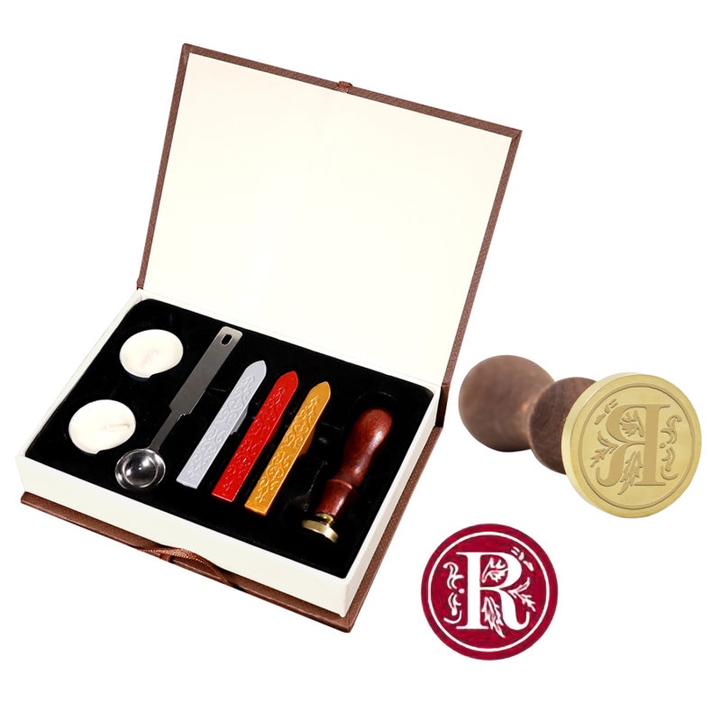 Wax Seal Stamp Kit With Removable Brass Head Solid Beech Handle Spoon And Wax Sticks - Retro Antique Pattern For Wedding Invitations Envelopes Gift Wrapping Craft Project - Image 1